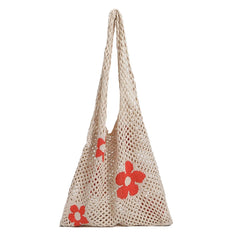 Flower Printing Mesh Net Shoulder Bag Foldable Reusable Eco-Friendly Handbag