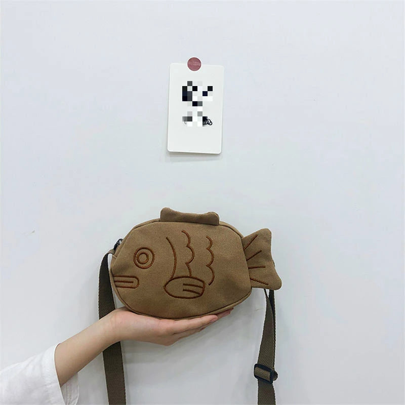 Portable Student Crossbody Phone Purse Fish Canvas Messenger Bag