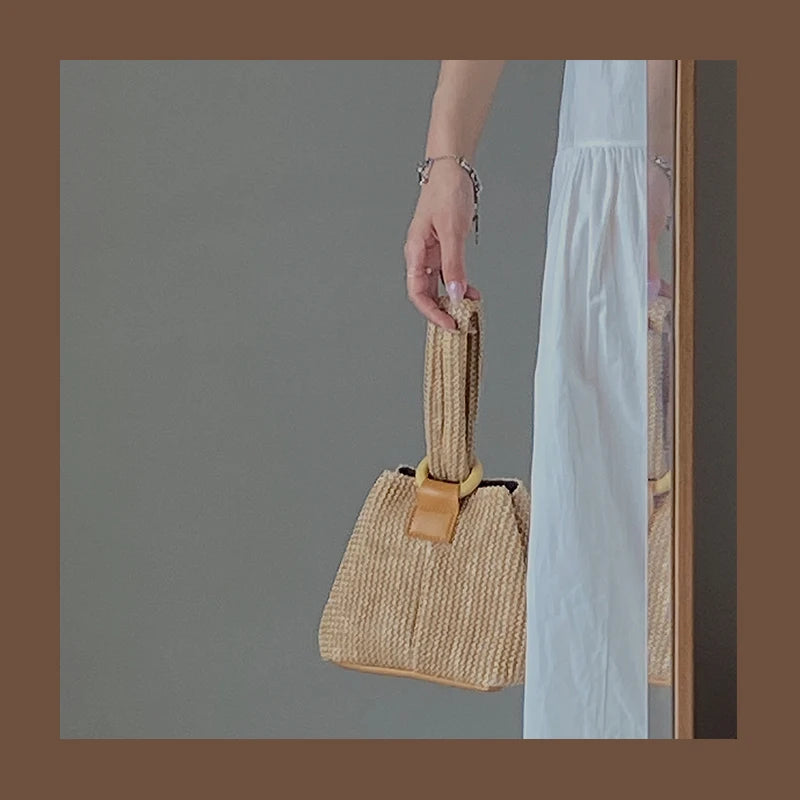 Girly Straw Purse Handbags Chain Shoulder Bucket Bags Retro Crossbody Bag