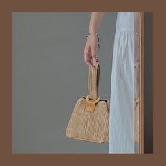 Girly Straw Purse Handbags Chain Shoulder Bucket Bags Retro Crossbody Bag