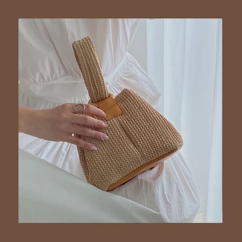 Girly Straw Purse Handbags Chain Shoulder Bucket Bags Retro Crossbody Bag