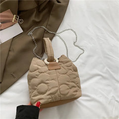Flower Ladies Bucket Bag Chain Crossbody Bag Nylon Shoulder Bag Purse