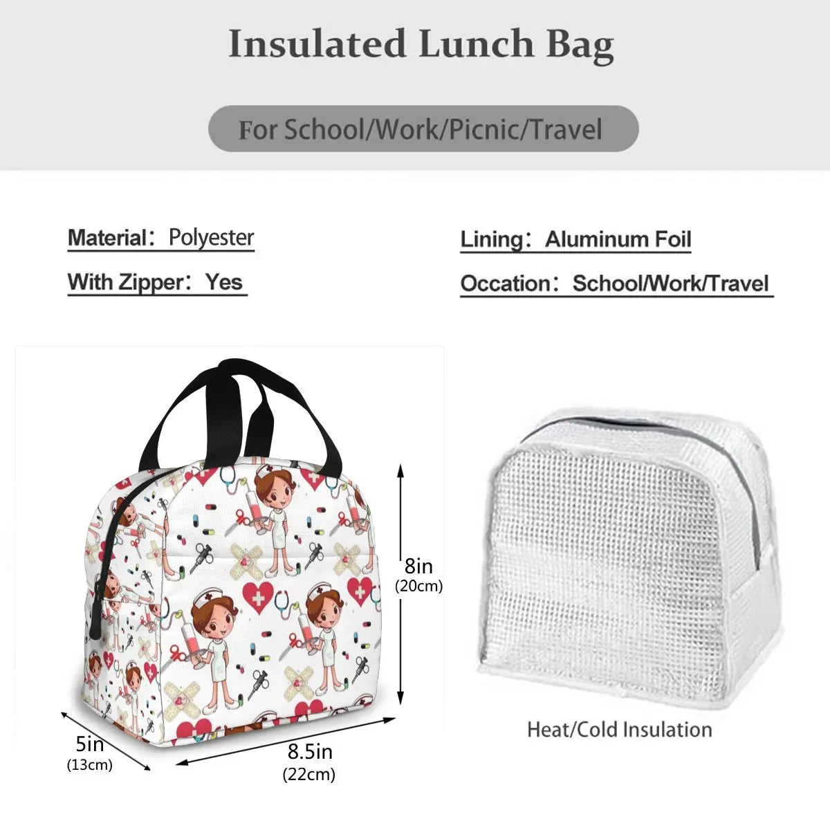 Cartoon Nurse Pattern Insulated Lunch Bag
