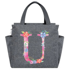 Portable Insulated Lunch Bag Pink Letter Print Food Storage Handbag