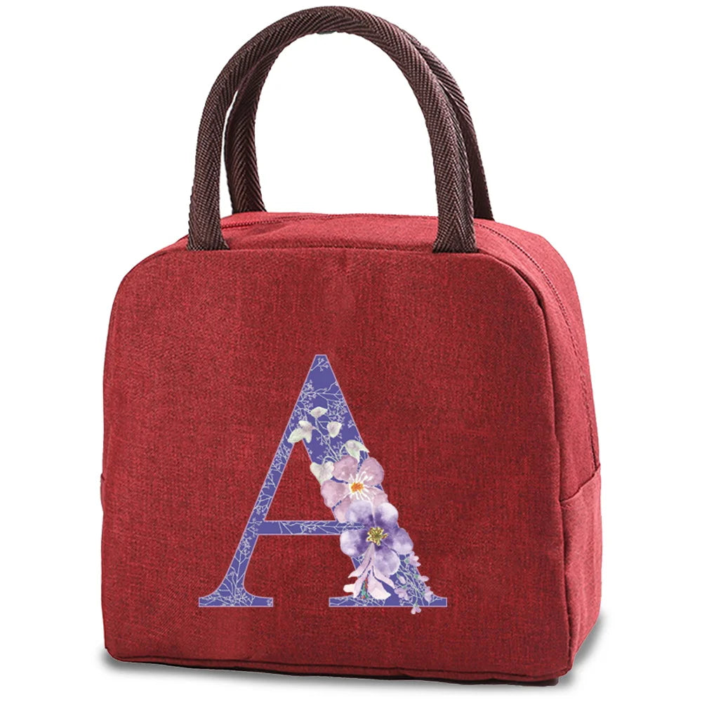 Purple Flower Letter Print Insulated Lunch Bag Thermal Cooler Portable