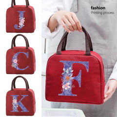 Purple Flower Letter Print Insulated Lunch Bag Thermal Cooler Portable