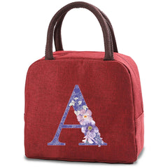 Purple Flower Letter Print Insulated Lunch Bag Thermal Cooler Portable