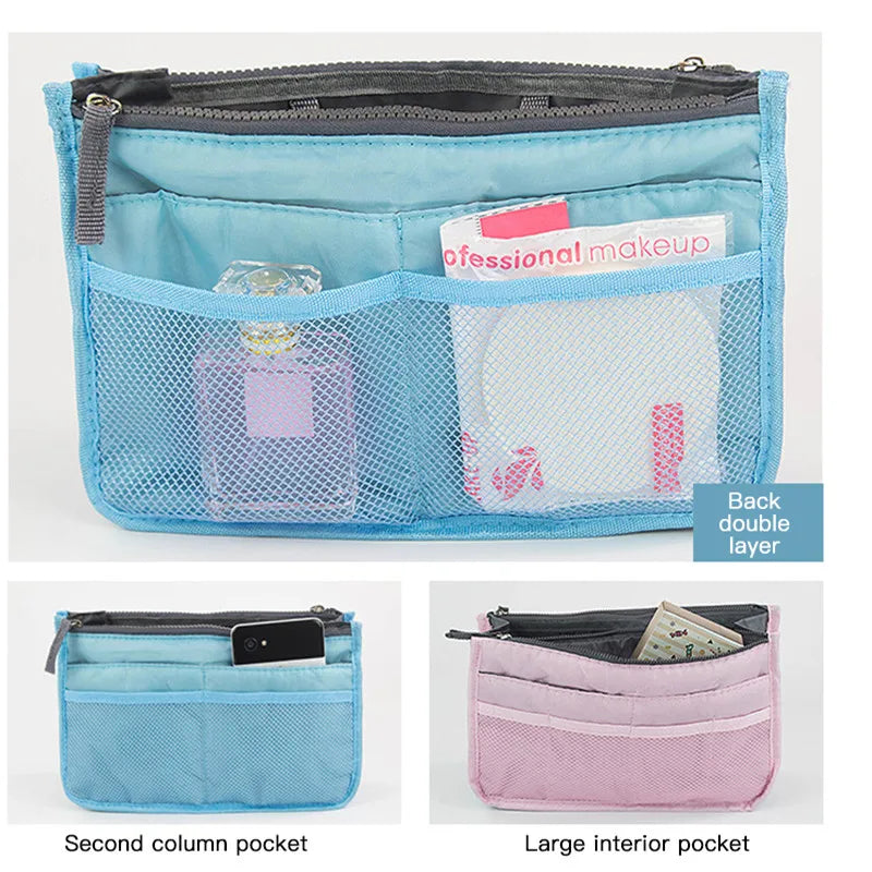Portable Organizer Insert Bag Women Nylon Travel Insert Double Zipper Handbag