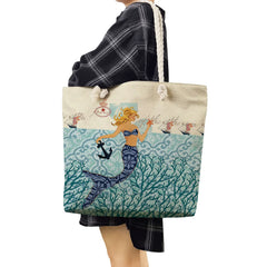 Portable Beach Bag High Capacity Casual Handbag Mermaid Print Tote Bags