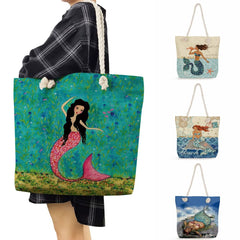 Portable Beach Bag High Capacity Casual Handbag Mermaid Print Tote Bags