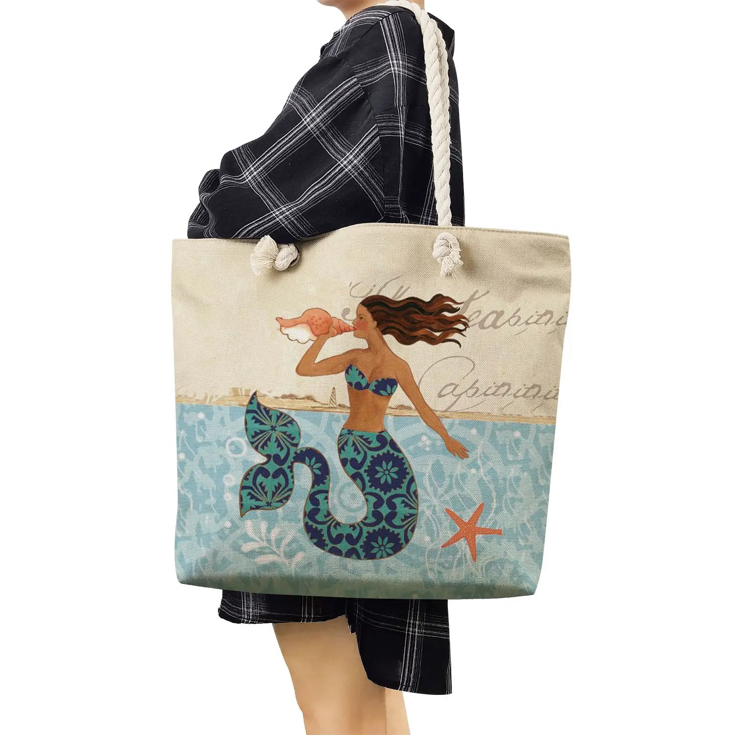 Portable Beach Bag High Capacity Casual Handbag Mermaid Print Tote Bags