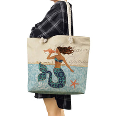 Portable Beach Bag High Capacity Casual Handbag Mermaid Print Tote Bags