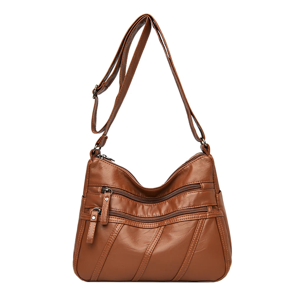 Casual Women PU Leather Crossbody Bag Large Capacity Multi-zipper Bag