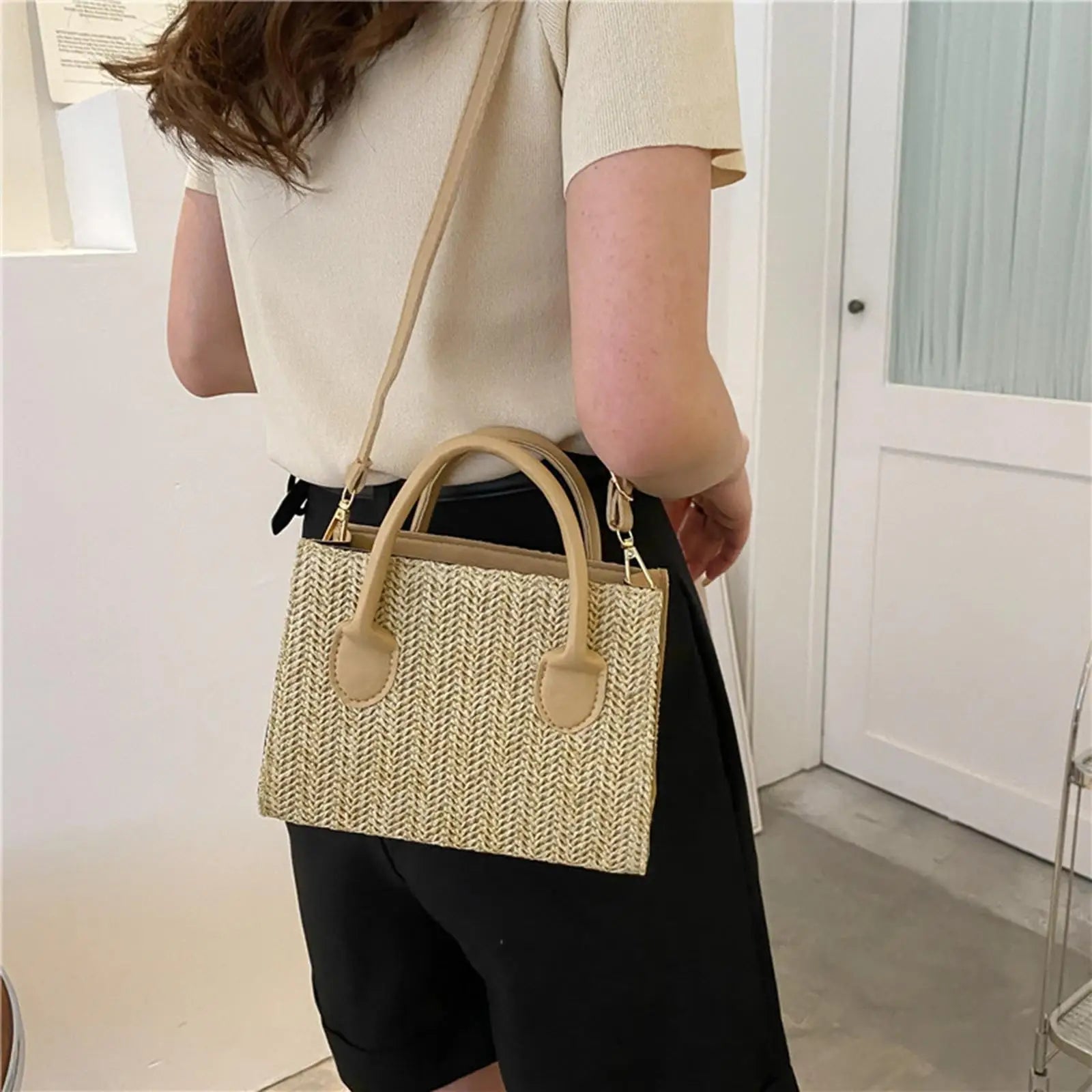 Portable Straw Shoulder Bag Big Capacity Top Handle Shoulder Bags Basket Rattan