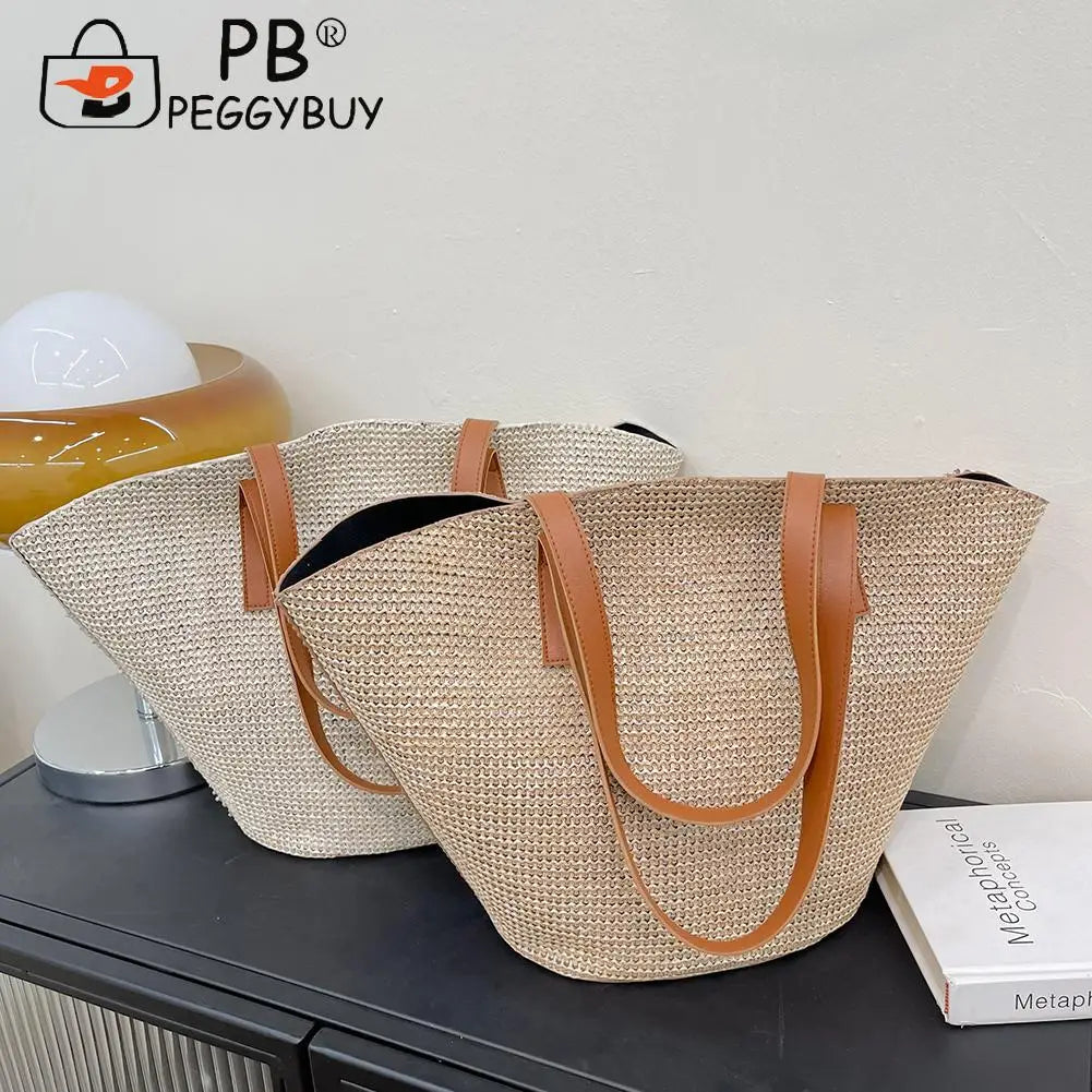 Straw Shoulder Tote Bag for Summer Beach Holiday Travel