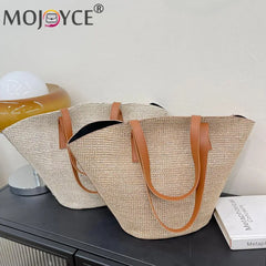 Portable Straw Shoulder Tote Bag Casual Large Capacity Braided Basket