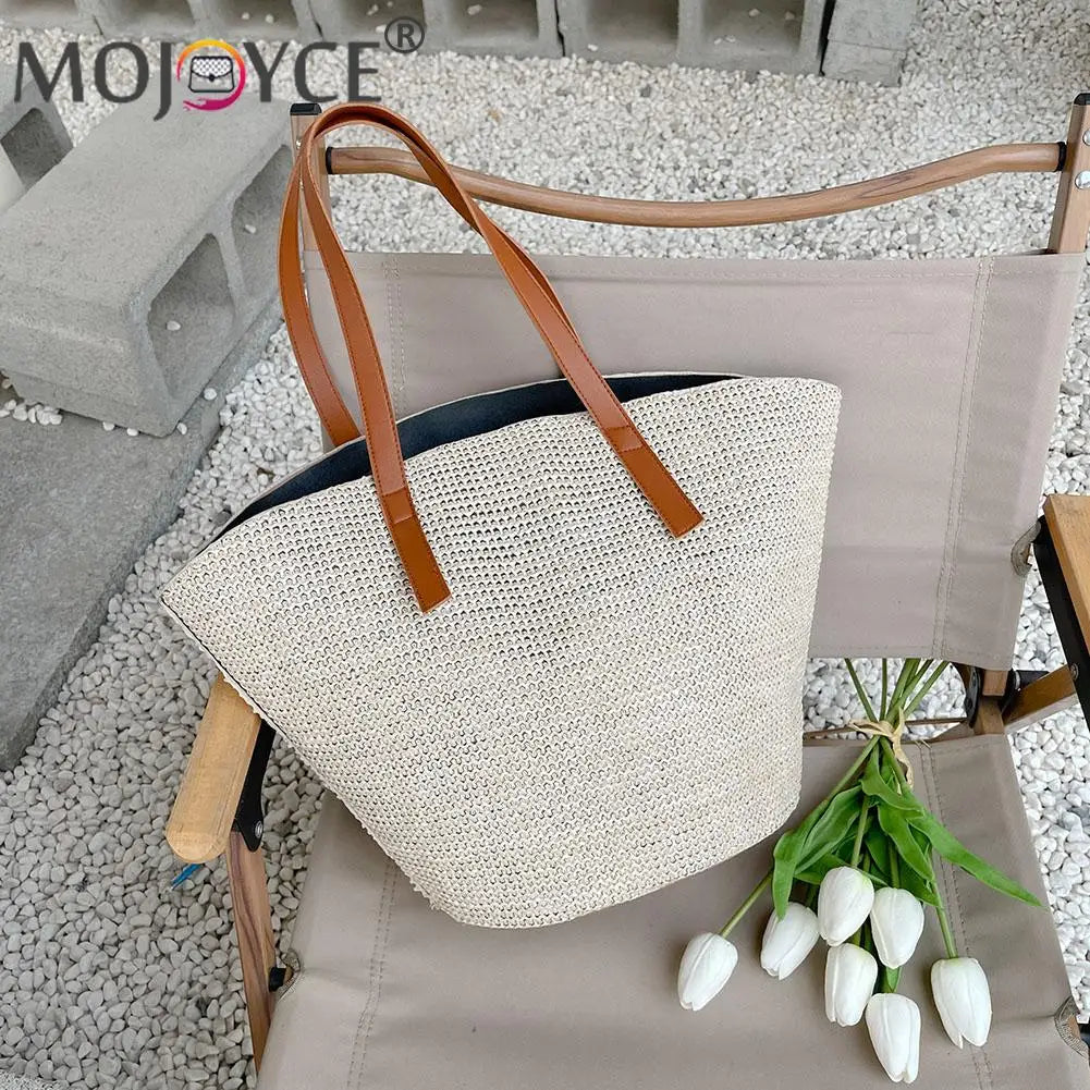Portable Straw Shoulder Tote Bag Casual Large Capacity Braided Basket