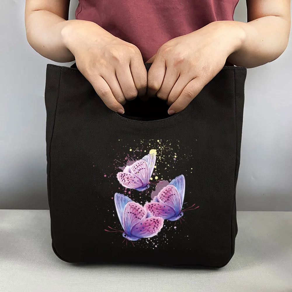 Canvas Tote Lunch Bag Anime Butterfly Print Eco-Friendly Travel Storage