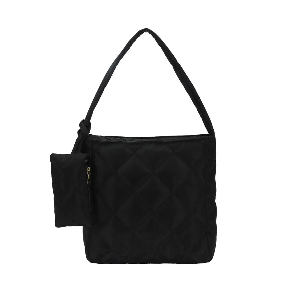 Women Cotton Padded Diamond Lattice Pattern Handbag with Mini Bag