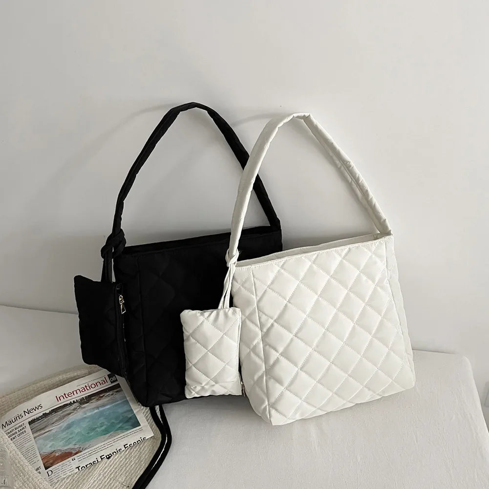 Women Cotton Padded Diamond Lattice Pattern Handbag with Mini Bag