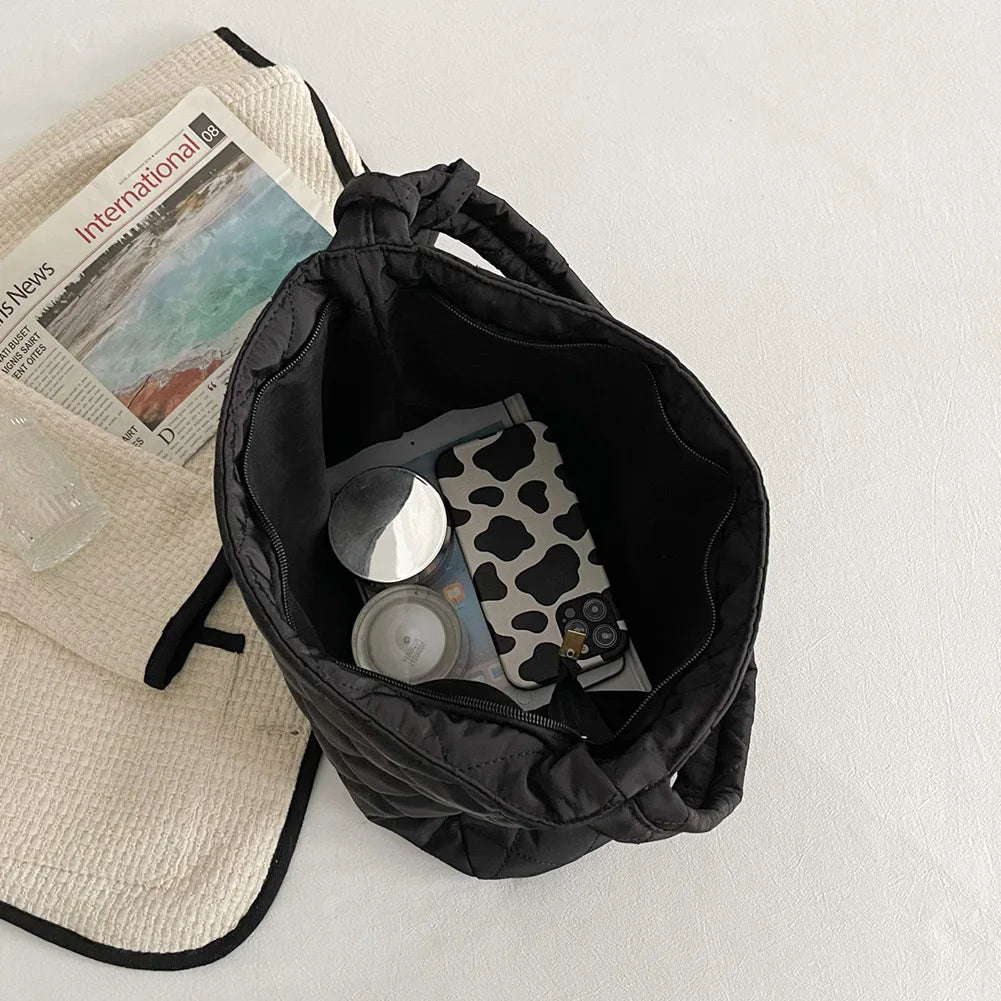 Women Cotton Padded Diamond Lattice Pattern Handbag with Mini Bag