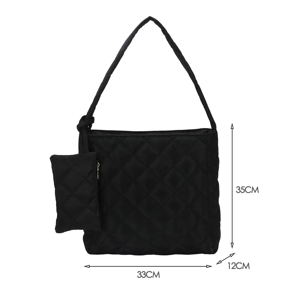 Women Cotton Padded Diamond Lattice Pattern Handbag with Mini Bag