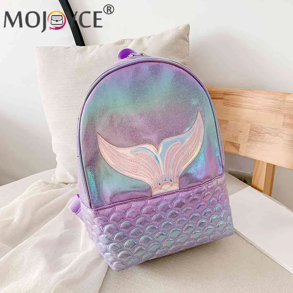Women Laser Travel Backpack Girls PU Leather Cartoon Fish Tail Bookbag