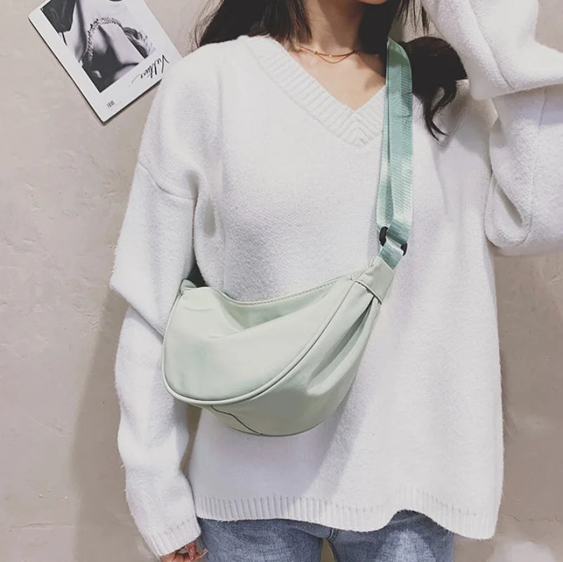 Nylon Messenger Crossbody Bag for Women Solid Color Dumpling Bag