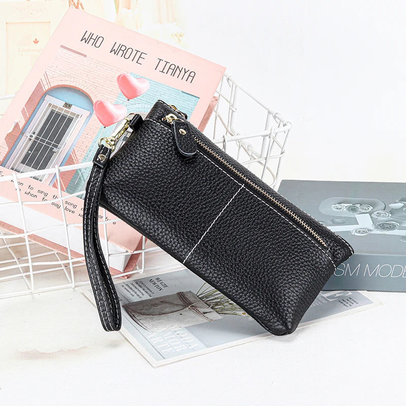 100% Leather Women Clutch Wallet Long Zipper Purse For Female
