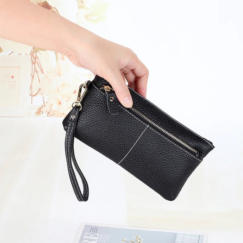 100% Leather Women Clutch Wallet Long Zipper Purse For Female