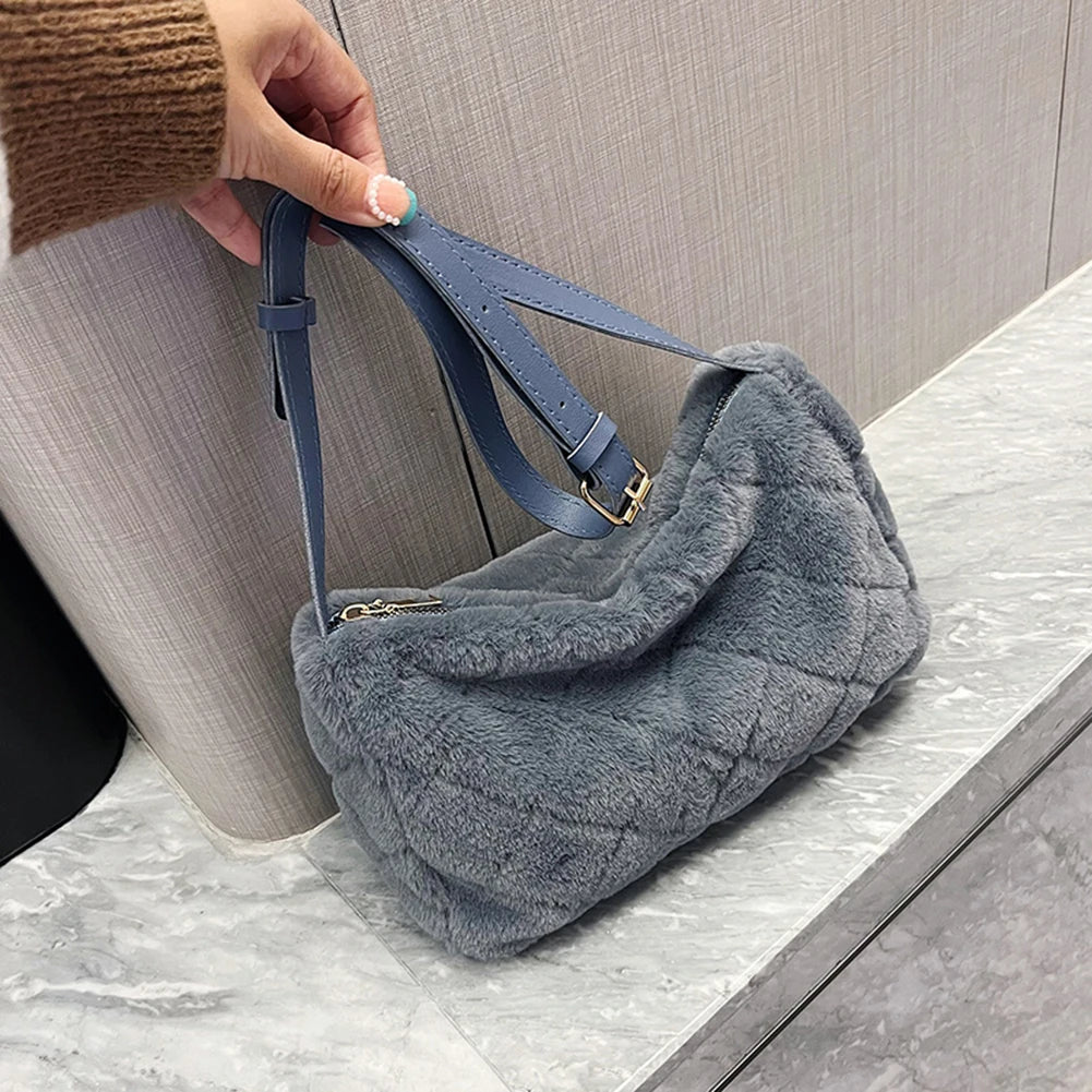 Grey Plush Handbag Fluffy Faux Fur Bag Women Rhombus Pattern Leather Shoulder Ba