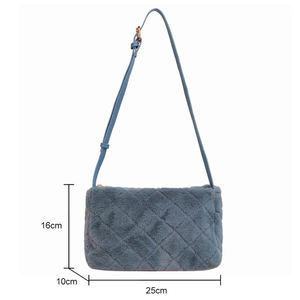 Grey Plush Handbag Fluffy Faux Fur Bag Women Rhombus Pattern Leather Shoulder Ba