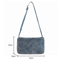 Grey Plush Handbag Fluffy Faux Fur Bag Women Rhombus Pattern Leather Shoulder Ba