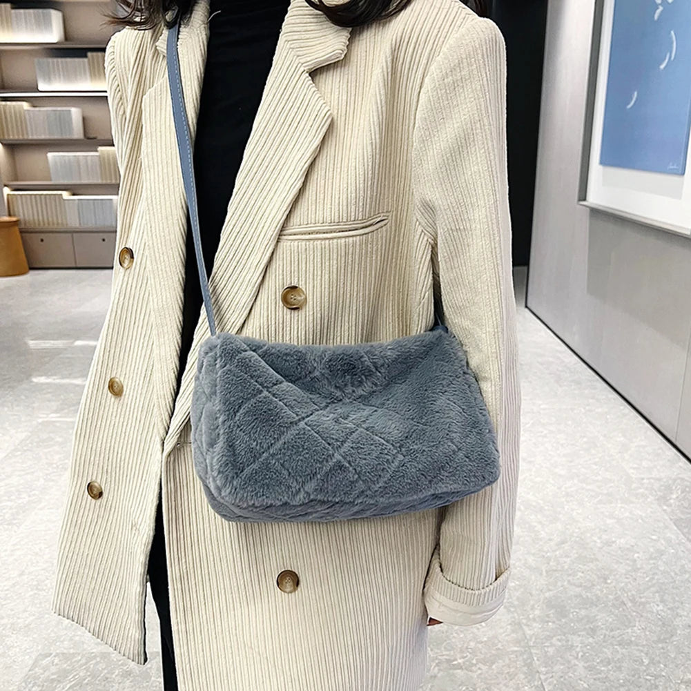 Grey Plush Handbag Fluffy Faux Fur Bag Women Rhombus Pattern Leather Shoulder Ba