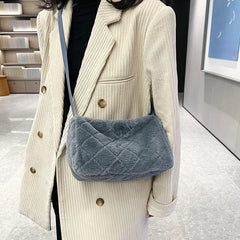 Grey Plush Handbag Fluffy Faux Fur Bag Women Rhombus Pattern Leather Shoulder Ba