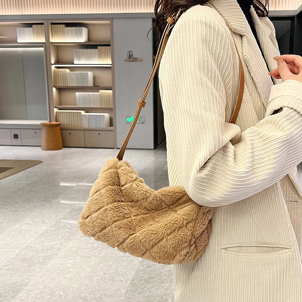 Grey Plush Handbag Fluffy Faux Fur Bag Women Rhombus Pattern Leather Shoulder Ba