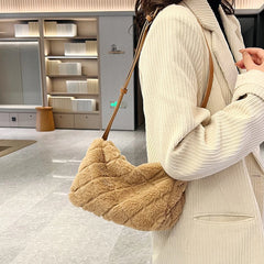 Grey Plush Handbag Fluffy Faux Fur Bag Women Rhombus Pattern Leather Shoulder Ba