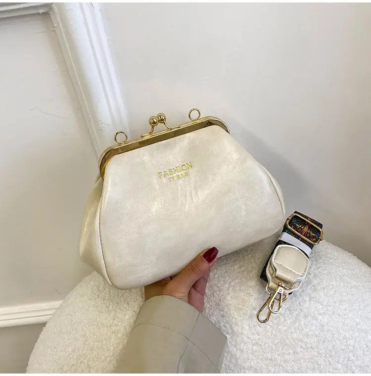Retro Leather Women Handbag Wide Shoulder Strap Crossbody Bag