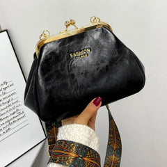 Retro Leather Women Handbag Wide Shoulder Strap Crossbody Bag