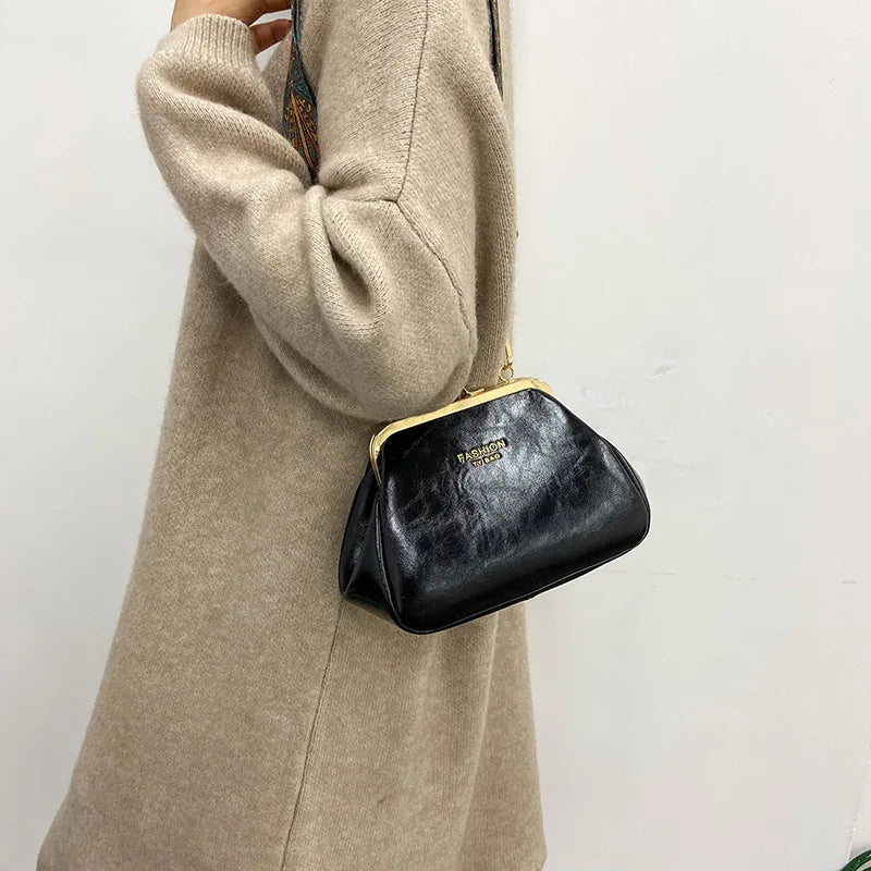 Retro Leather Women Handbag Wide Shoulder Strap Crossbody Bag