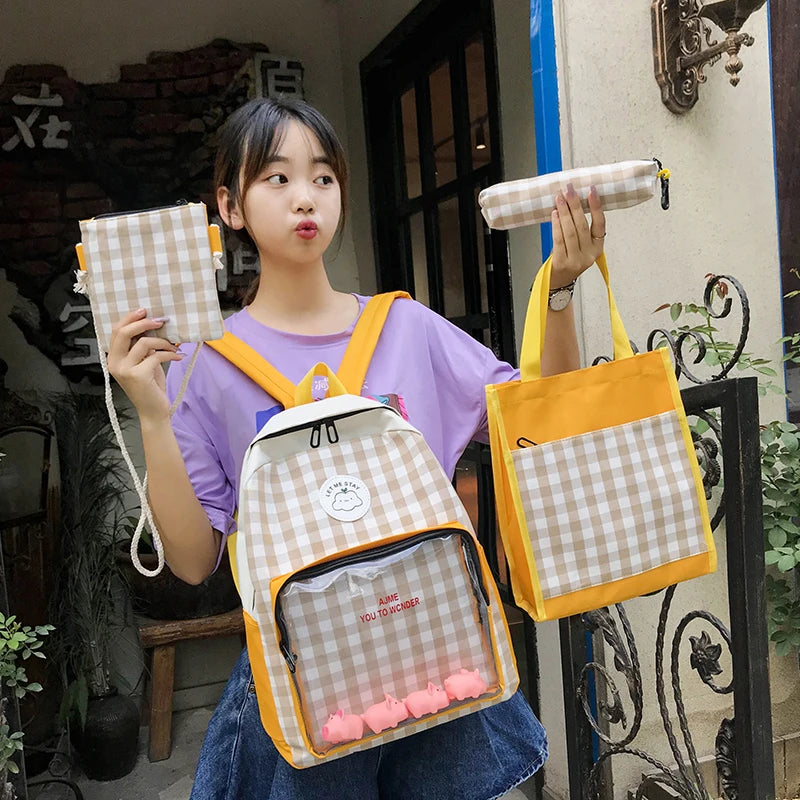 Preppy Style Patchwork Bagpack Women Canvas Plaid Backpack Letter School Bag