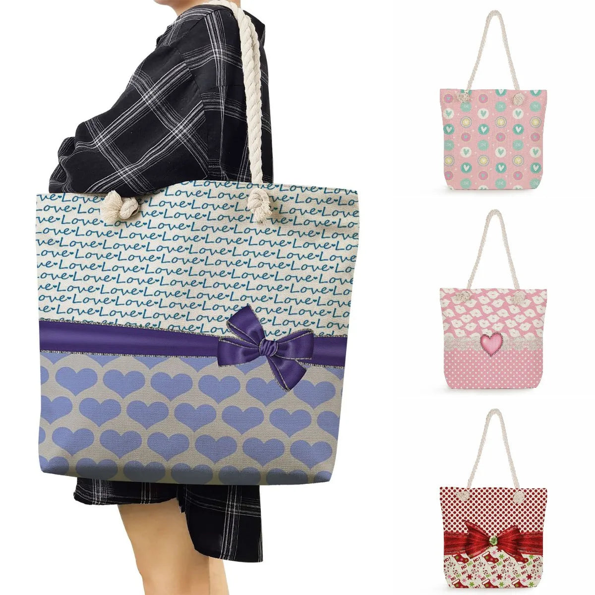 Portable Women Shopping Bags Foldable Tote Bags Cartoon Lady Shoulder Bag