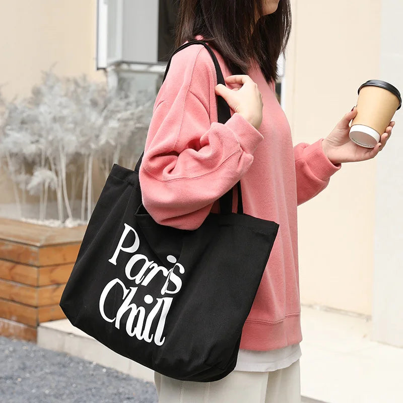 Letter Canvas Shoulder Bag Large Shopper Tote Handbag for Women