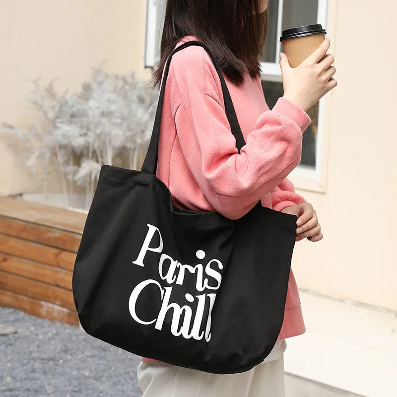 Letter Canvas Shoulder Bag Large Shopper Tote Handbag for Women