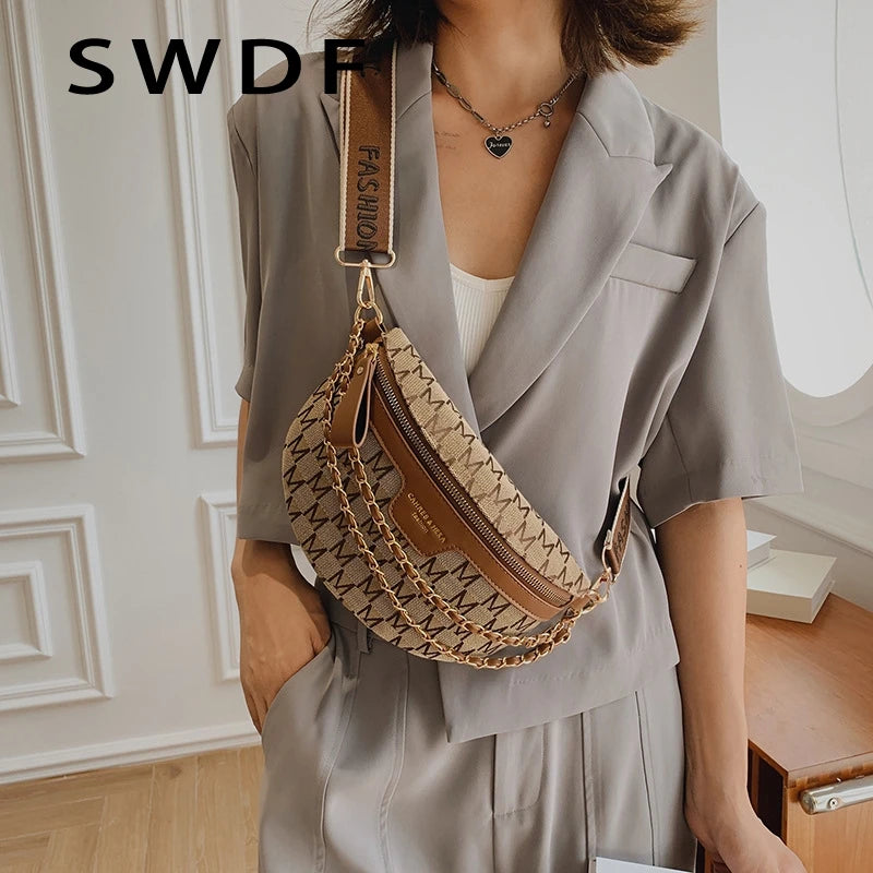 Plaid Pattern Fanny Pack Women Chain Waist Bag Fashion Ladies Crossbody Bag