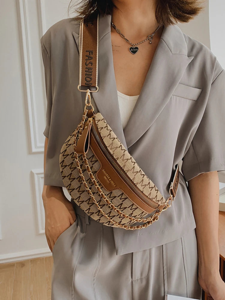 Plaid Pattern Fanny Pack Women Chain Waist Bag Female Crossbody Bag