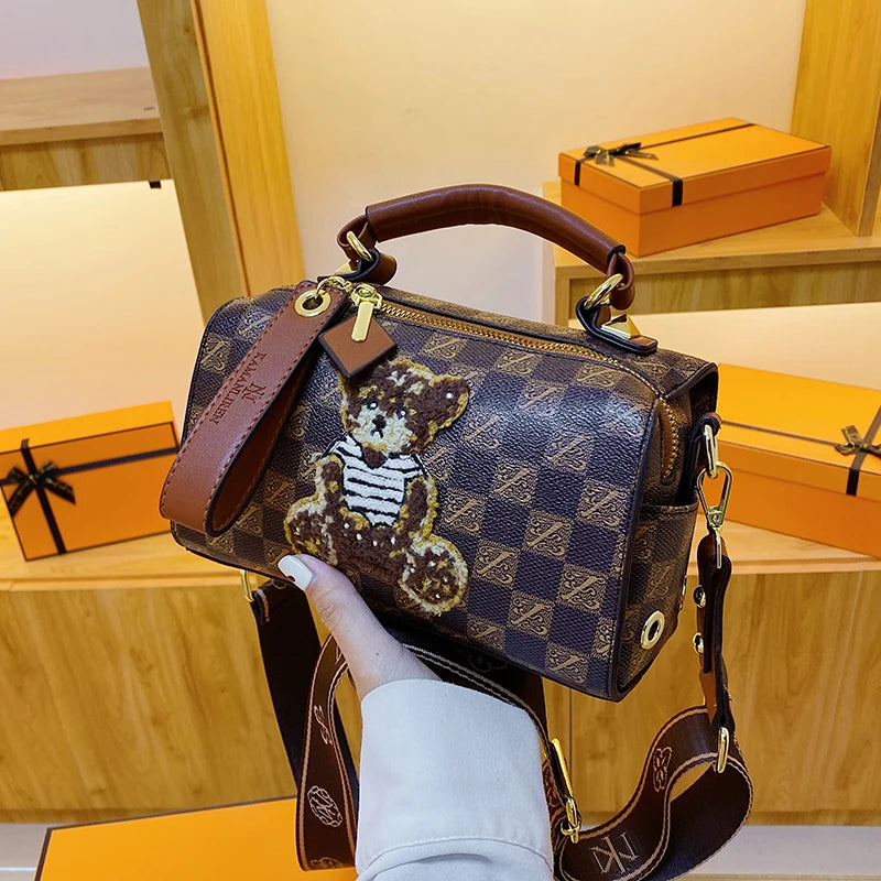 Plaid PU Leather Bear Handbag for Women