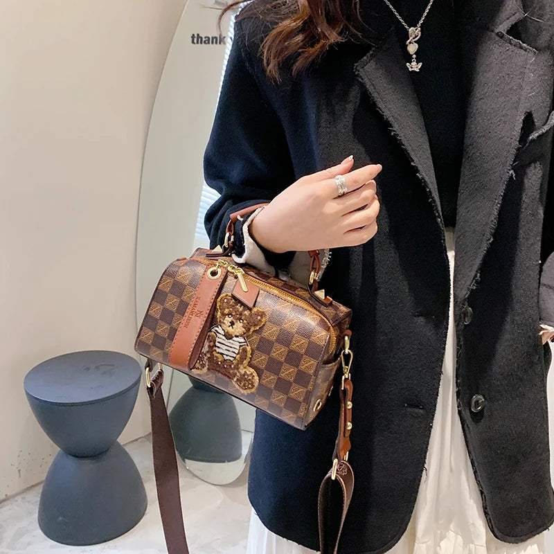 Plaid PU Leather Bear Handbag for Women