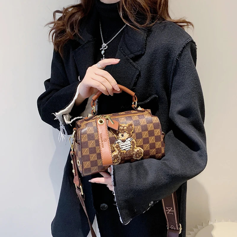 Plaid PU Leather Bear Handbag for Women