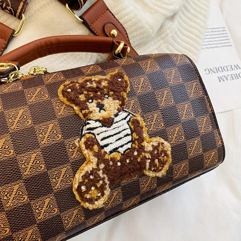 Plaid PU Leather Bear Handbag for Women